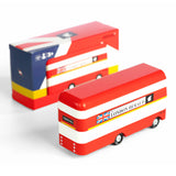 Candylab wooden London double decker bus toy on a white background next to its box