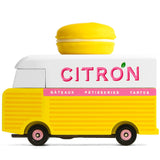 Candylab Yellow toy wooden van with the word citron on the side and a yellow macaron on the top