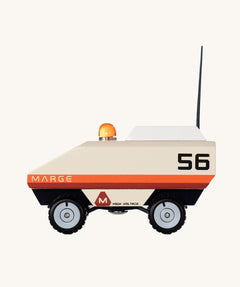 CandyLab cream orange and red Rover space vehicle with the number 56 on the side and a black antenna. 