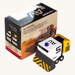 CandyLab AV M.A.R.G.E space vehicle - placed next to original cardboard box packaging.