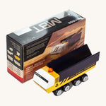 CandyLab yellow and black MBT Transporter vehicle front detail view next to the original cardboard packaging.