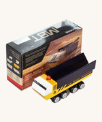 CandyLab yellow and black MBT Transporter vehicle front detail view next to the original cardboard packaging.