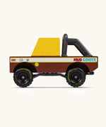 Side of Candylab mud coyote toy truck showing yellow window, roll cage and retro decals