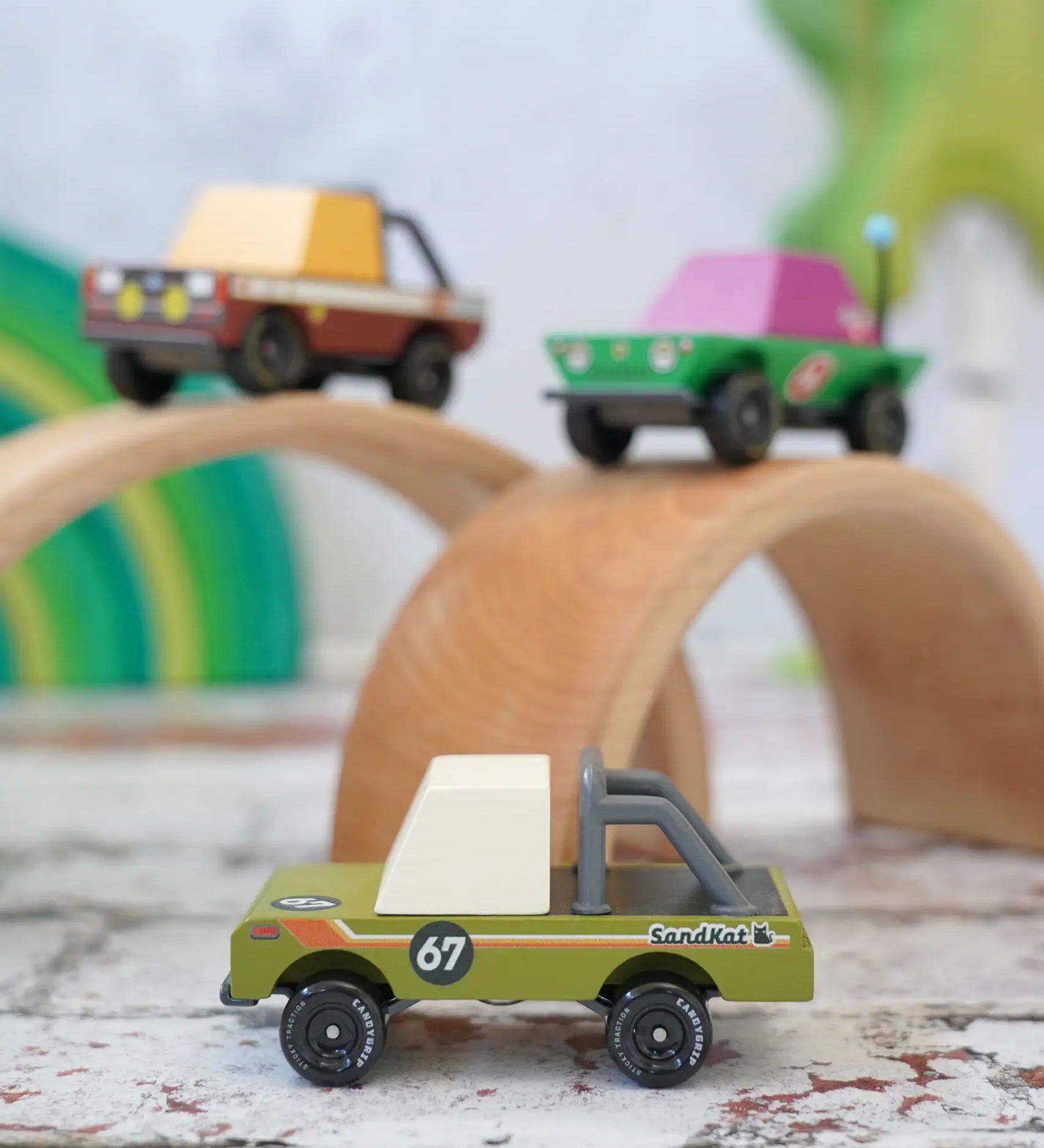 Candylab wooden diecast off road toy vehicles including mud coyote, sand kat and Dundee 