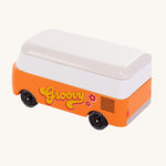 CandyLab orange VW Campervan with 'Groovy' text on the side, in a 60s font - back view.