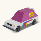 Candylab wooden diecast pink 62 racer toy car with a white body, pink windows and decals