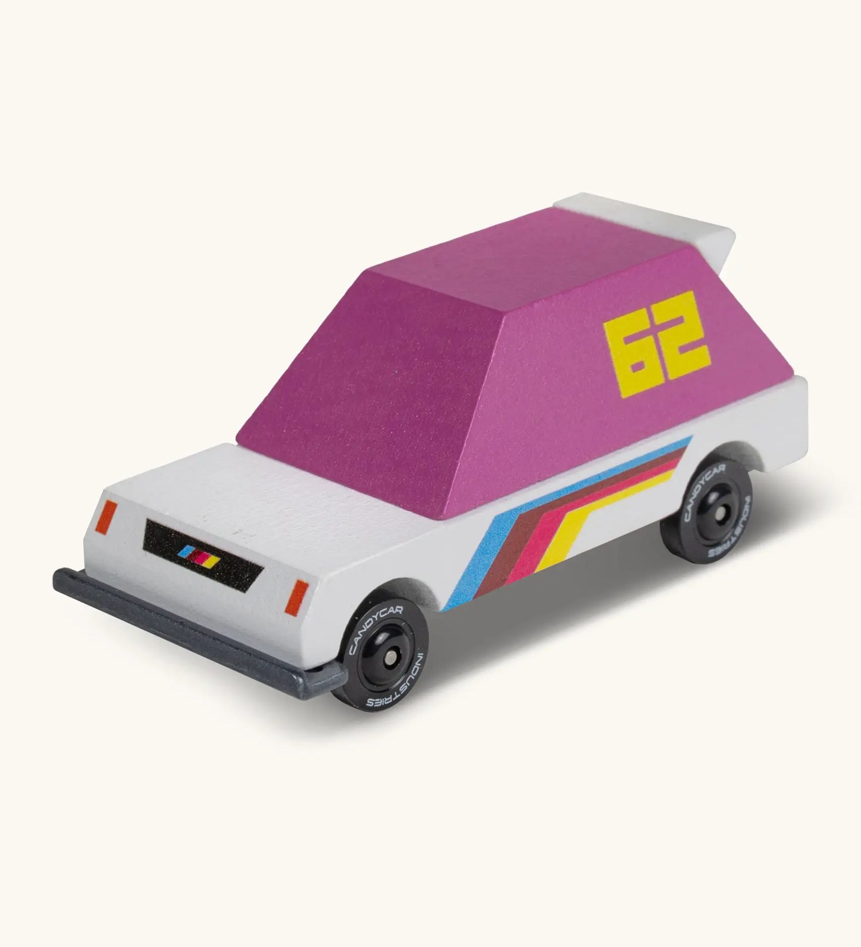 Candylab wooden diecast pink 62 racer toy car with a white body, pink windows and decals