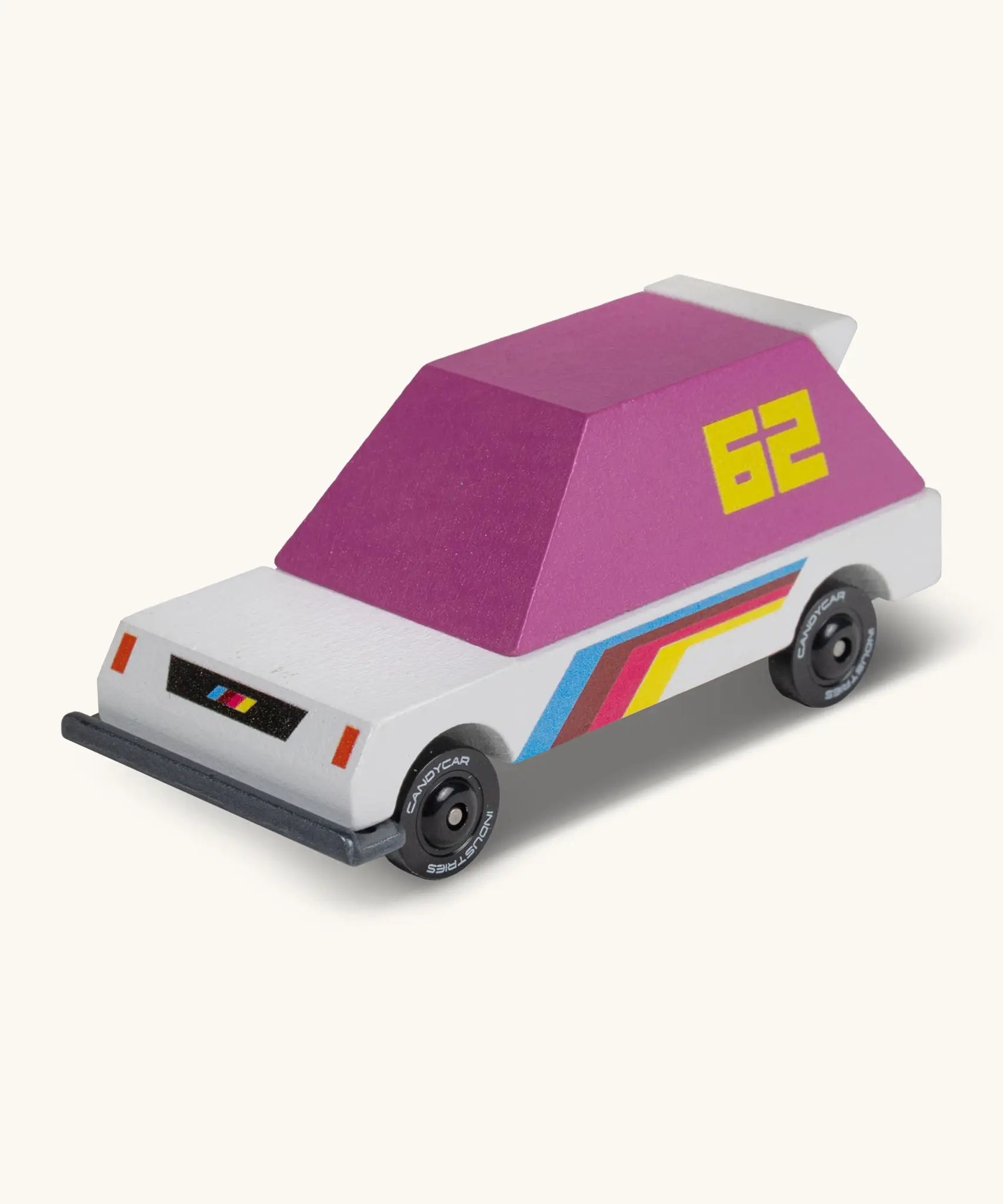 Candylab wooden diecast pink 62 racer toy car with a white body, pink windows and decals
