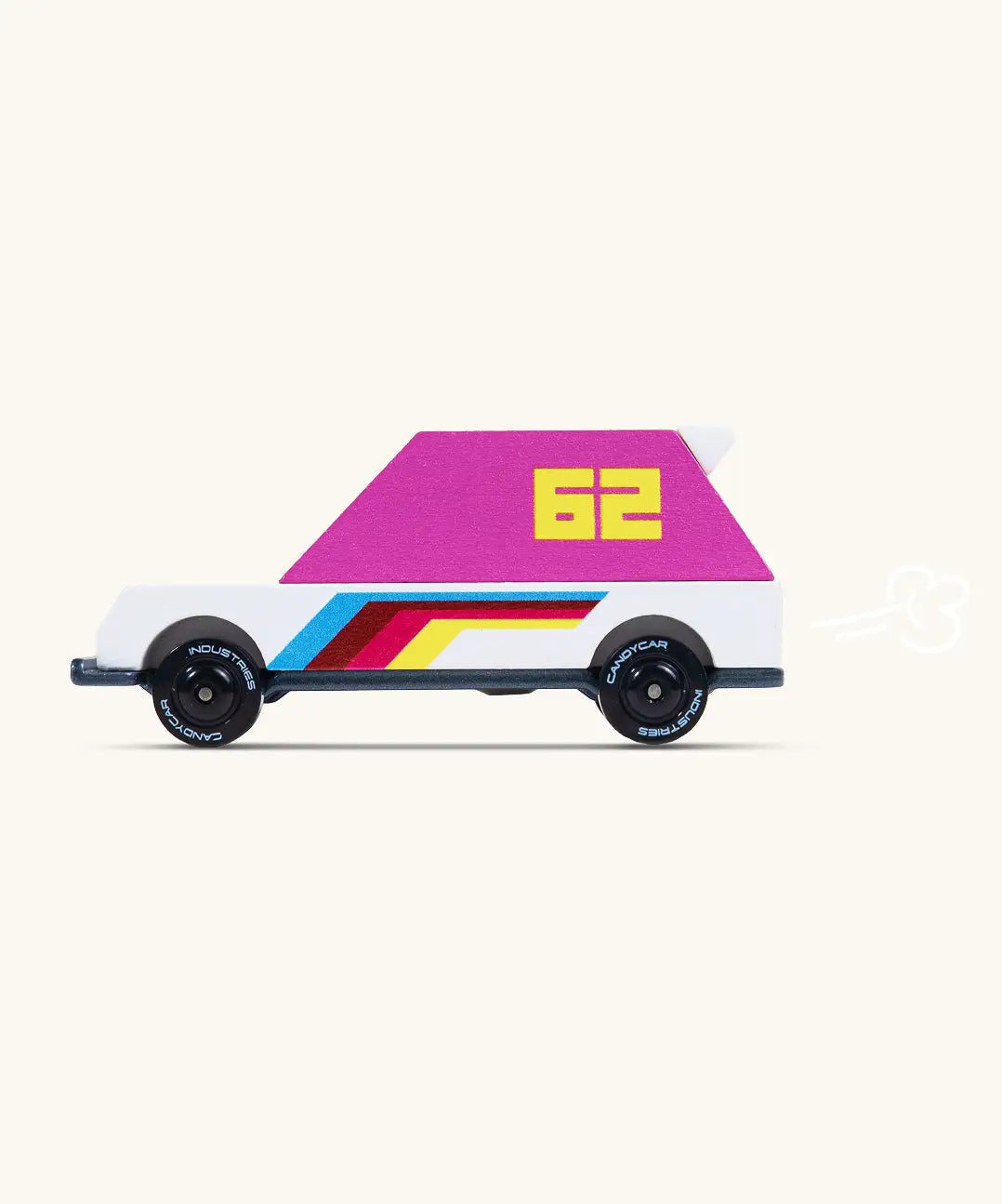 Side of Candylab pink 62 racer toy car with a white body, pink windows and decals