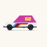 Side of Candylab pink 62 racer toy car with a white body, pink windows and decals