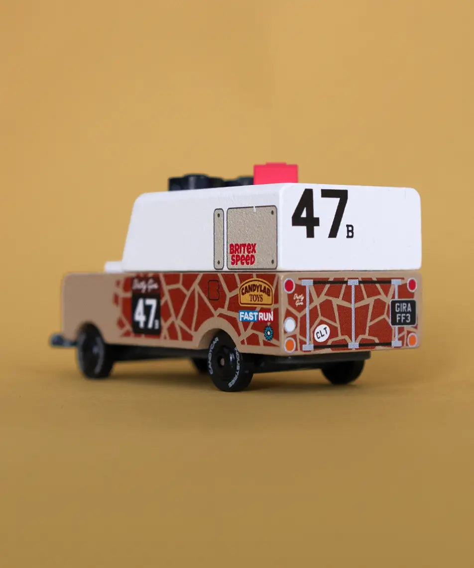 Back of the Candylab safari Gira drifter adventure toy truck in light brown with decals