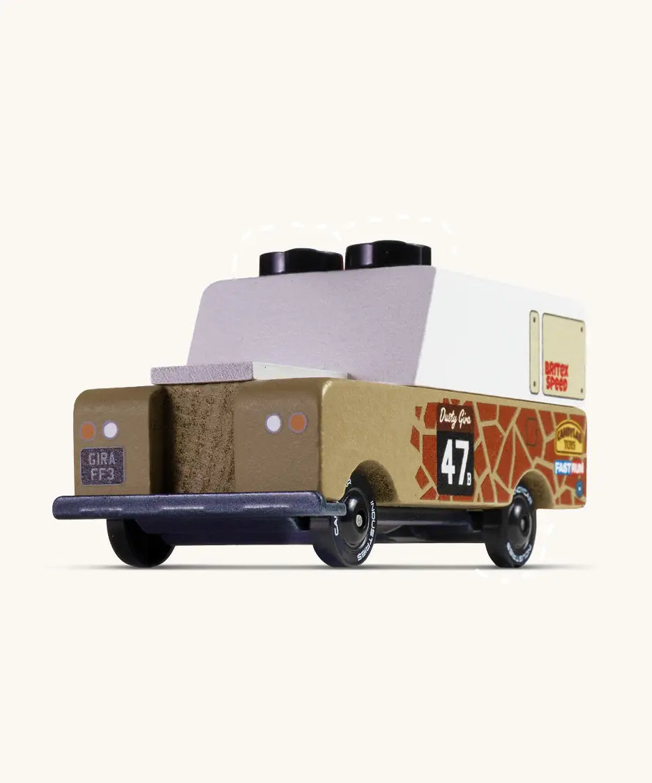 Front of the Candylab safari Gira drifter adventure toy truck in light brown with decals