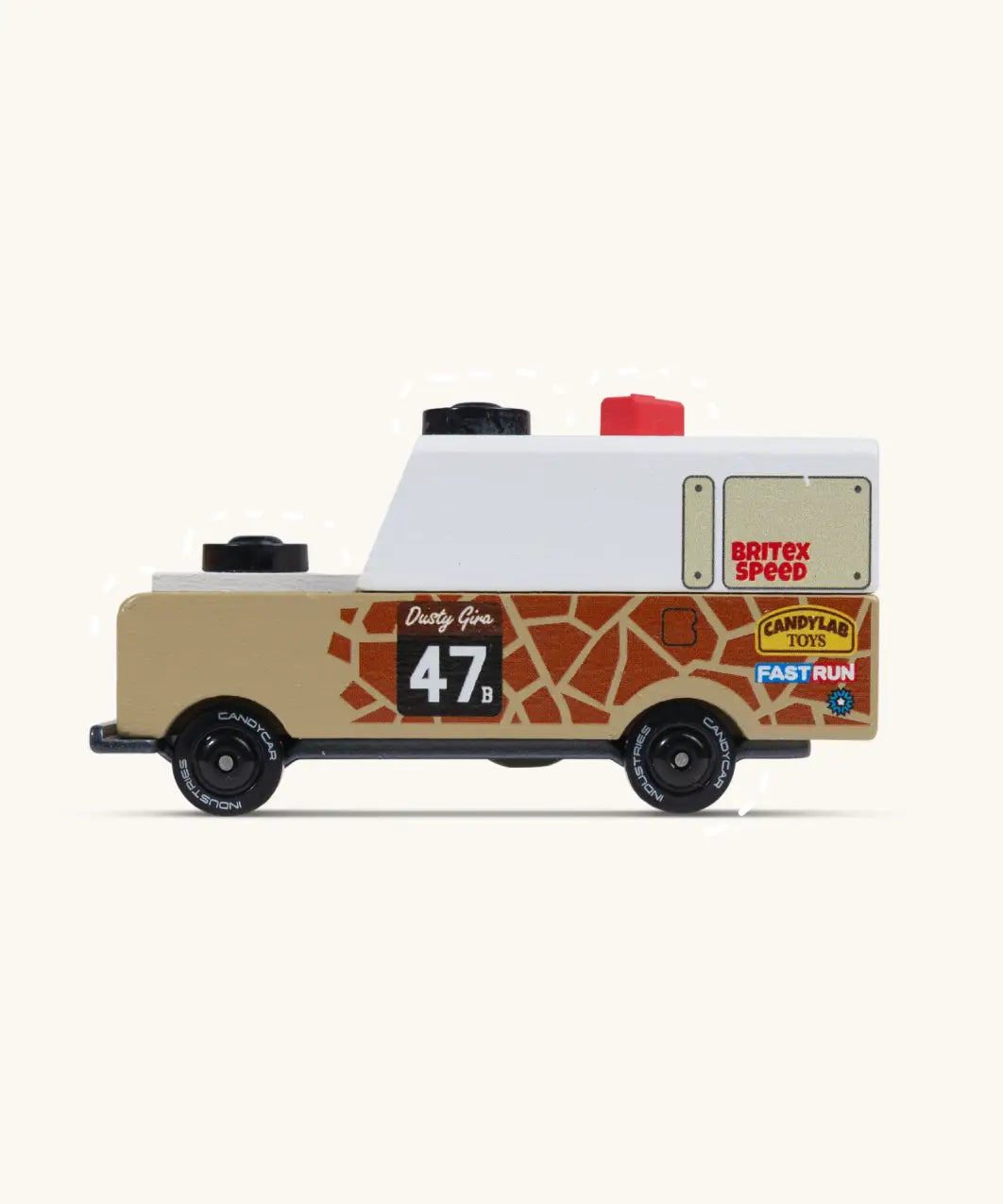 Side of the Candylab safari Gira drifter adventure toy truck in light brown with decals