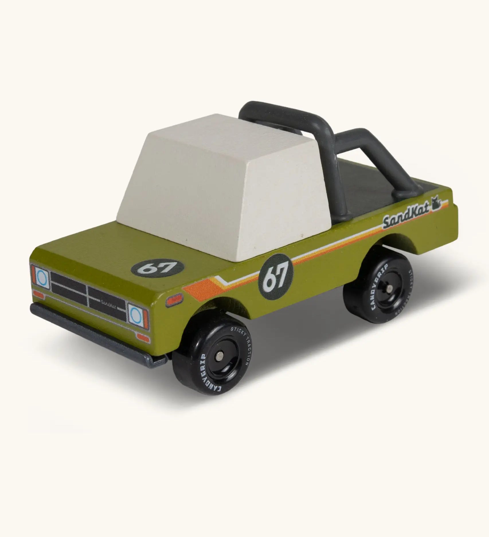 Candylab sand kat adventure truck. A wooden diecast toy cat with a green body, roll cage on the back and decals