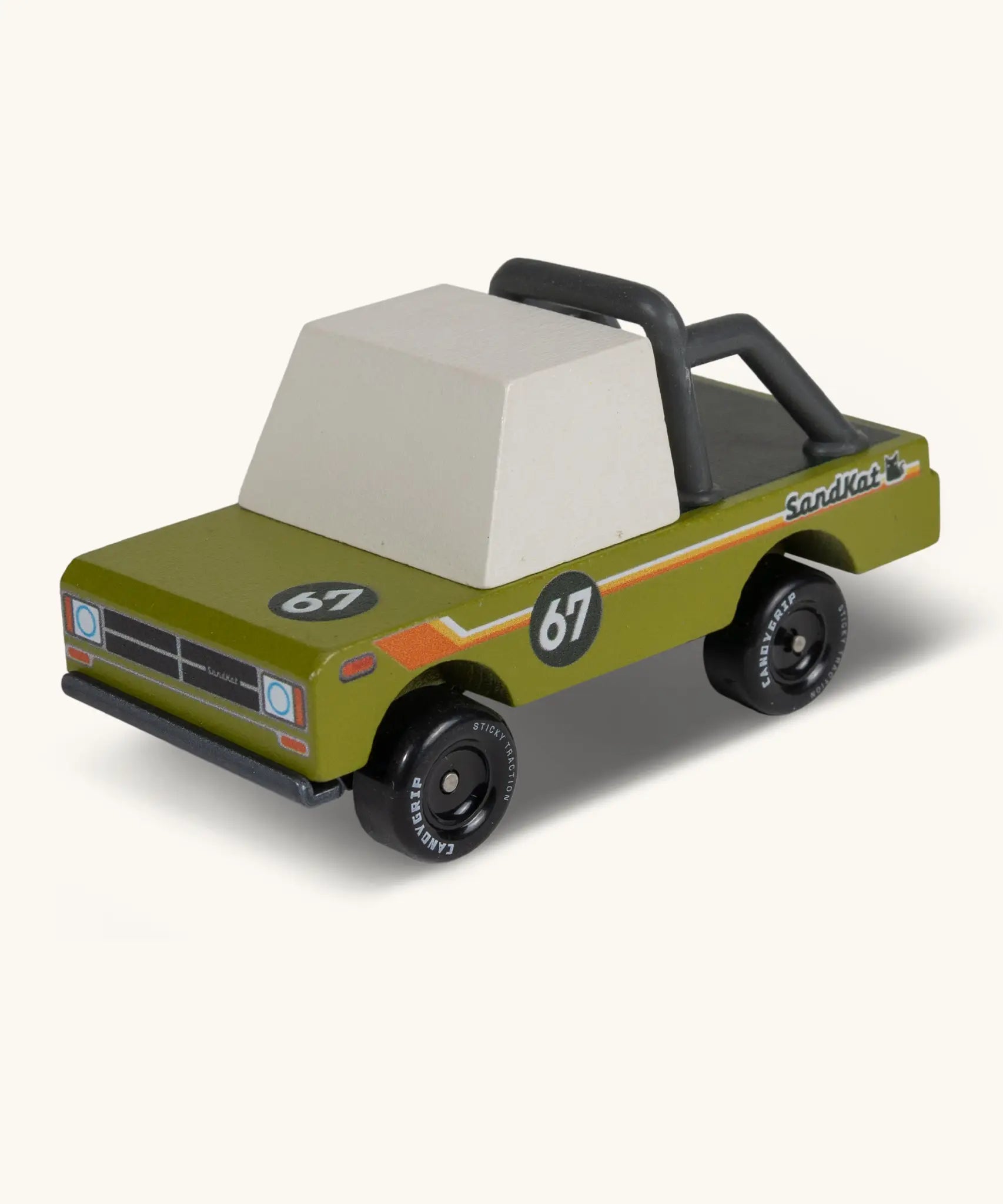 Candylab sand kat adventure truck. A wooden diecast toy cat with a green body, roll cage on the back and decals