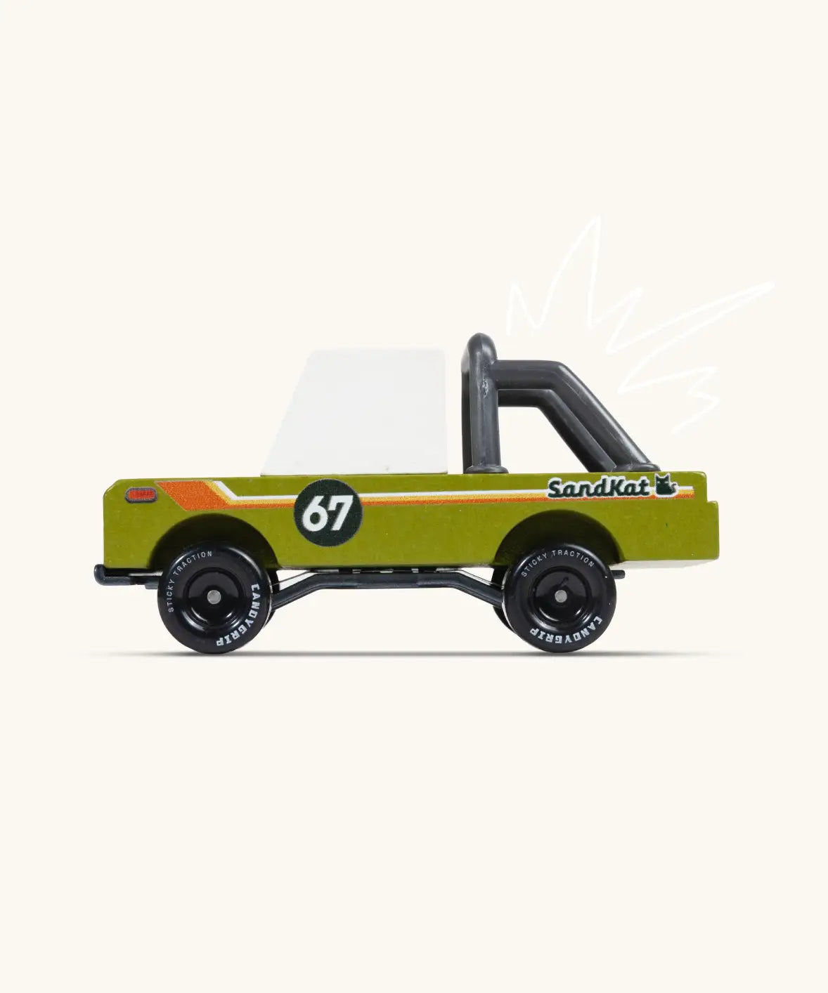 Side of Candylab sand kat adventure truck showing roll cage on the back and  retro decals