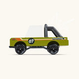 Side of Candylab sand kat adventure truck showing roll cage on the back and  retro decals