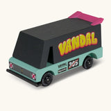 Candylab seafoam vandal van. A wooden diecast toy van in black and aqua with a pink spoiler and retro decals