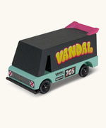 Candylab seafoam vandal van. A wooden diecast toy van in black and aqua with a pink spoiler and retro decals