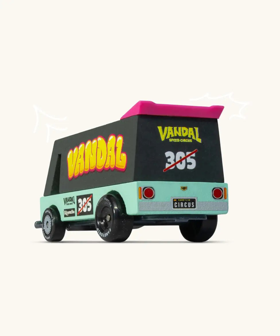 Back of Candylab seafoam vandal van showing pink spoiler and retro decals