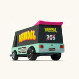 Back of Candylab seafoam vandal van showing pink spoiler and retro decals
