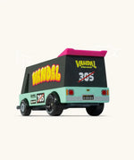 Back of Candylab seafoam vandal van showing pink spoiler and retro decals