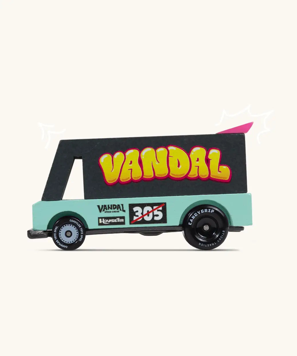Side of Candylab seafoam vandal van showing black and aqua body, pink spoiler and retro decals