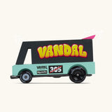 Side of Candylab seafoam vandal van showing black and aqua body, pink spoiler and retro decals