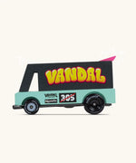 Side of Candylab seafoam vandal van showing black and aqua body, pink spoiler and retro decals