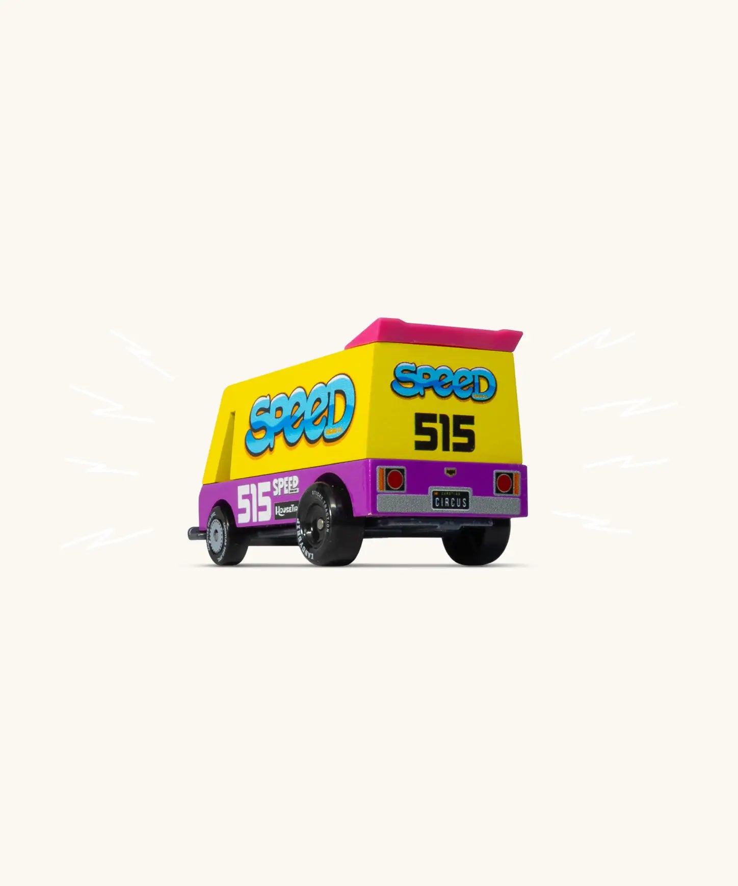 Back of a Candylab speed vandal toy van showing pink spoiler and retro decals