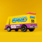 Side of a Candylab speed vandal toy van showing yellow and purple body, pink spoiler and retro decals