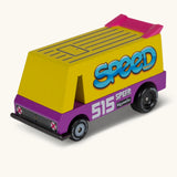 Candylab speed vandal van. A wooden diecast toy car with a yellow and purple body, pink spoiler and retro decals