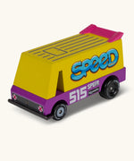 Candylab speed vandal van. A wooden diecast toy car with a yellow and purple body, pink spoiler and retro decals