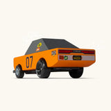 Back of Candylab wooden diecast stormduker muscle toy car with a orange body, grey windows and decals