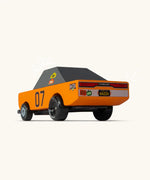 Back of Candylab wooden diecast stormduker muscle toy car with a orange body, grey windows and decals