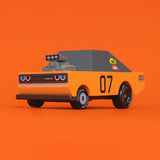 Front of Candylab stormduker muscle toy car with a orange body, grey windows and decals infront of orange background