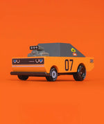 Front of Candylab stormduker muscle toy car with a orange body, grey windows and decals infront of orange background