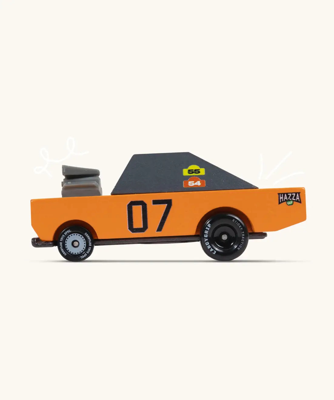 Side of Candylab wooden diecast stormduker muscle toy car with a orange body, grey windows and decals