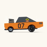 Side of Candylab wooden diecast stormduker muscle toy car with a orange body, grey windows and decals