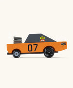 Side of Candylab wooden diecast stormduker muscle toy car with a orange body, grey windows and decals