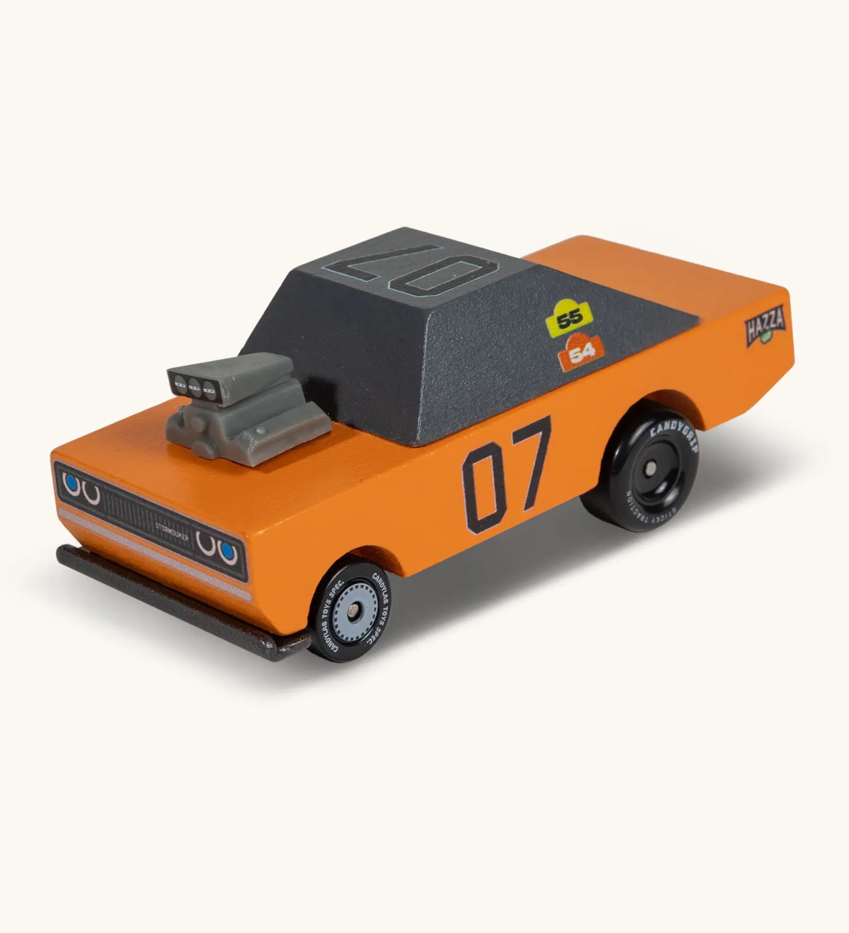 Candylab wooden diecast stormduker muscle toy car with a orange body, grey windows and decals