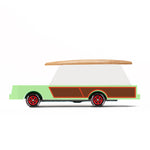 Candylab Candycar Surf Wagon Car. A fun wooden car in green, white and brown, with a surf board topper on a white background
