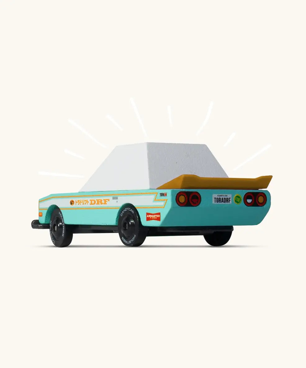 Back of Candylab teal tora racer toy car showing the yellow spoiler and retro decals 