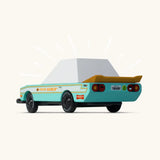 Back of Candylab teal tora racer toy car showing the yellow spoiler and retro decals 