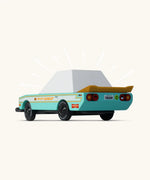Back of Candylab teal tora racer toy car showing the yellow spoiler and retro decals 
