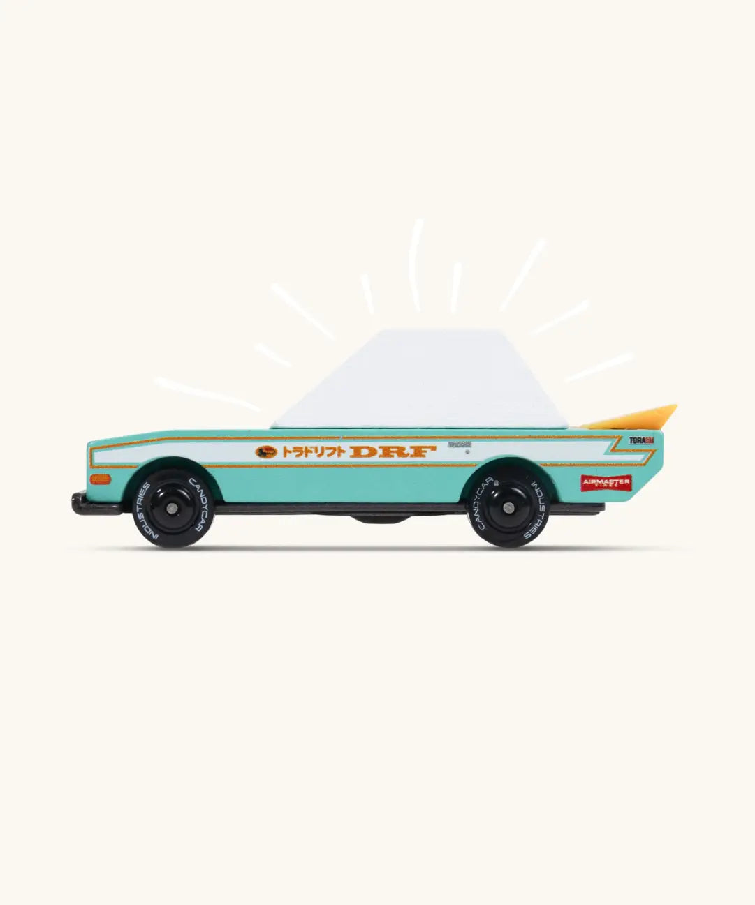 Side of a Candylab teal tora racer toy car showing the yellow spoiler and retro decals 