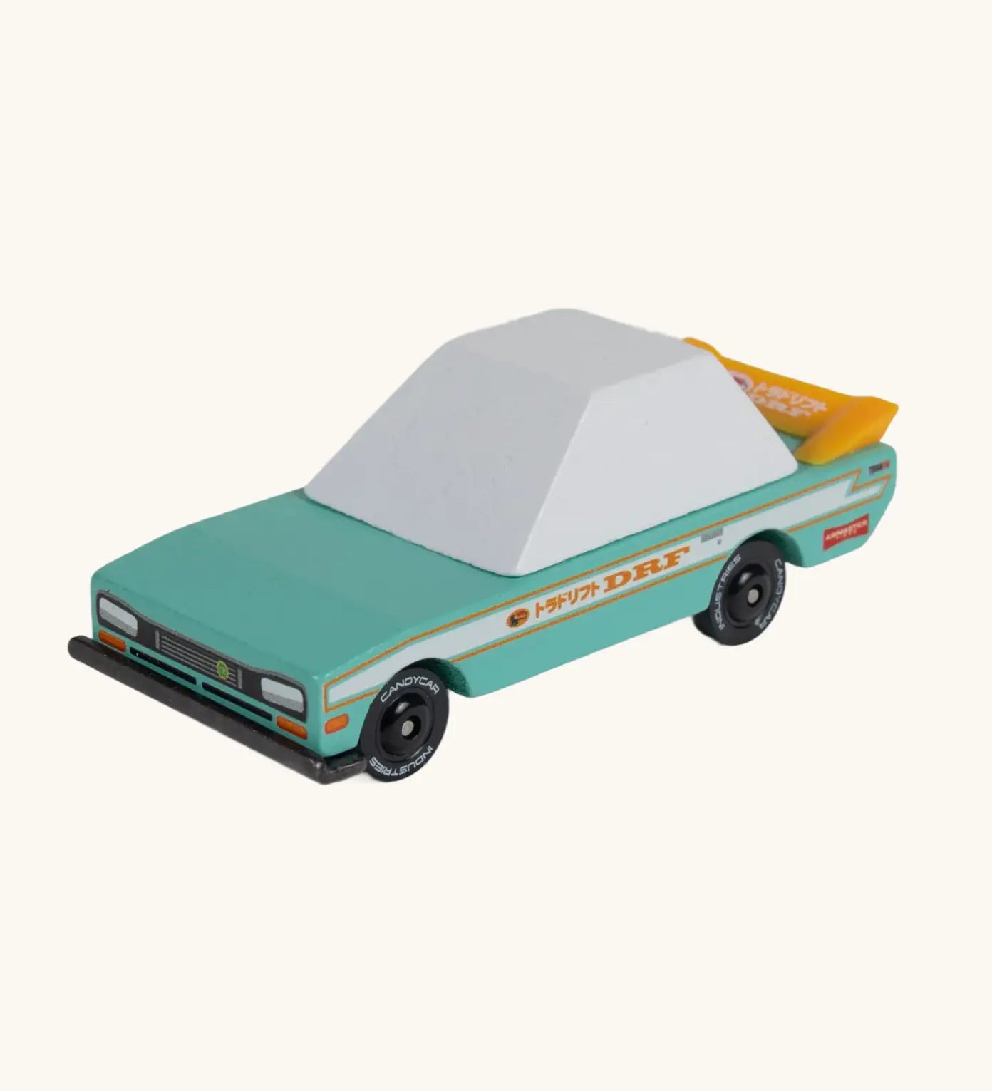 Candylab teal tora racer. A wooden diecast  toy car with a teal body, yellow spoiler and decals