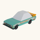Candylab teal tora racer. A wooden diecast  toy car with a teal body, yellow spoiler and decals