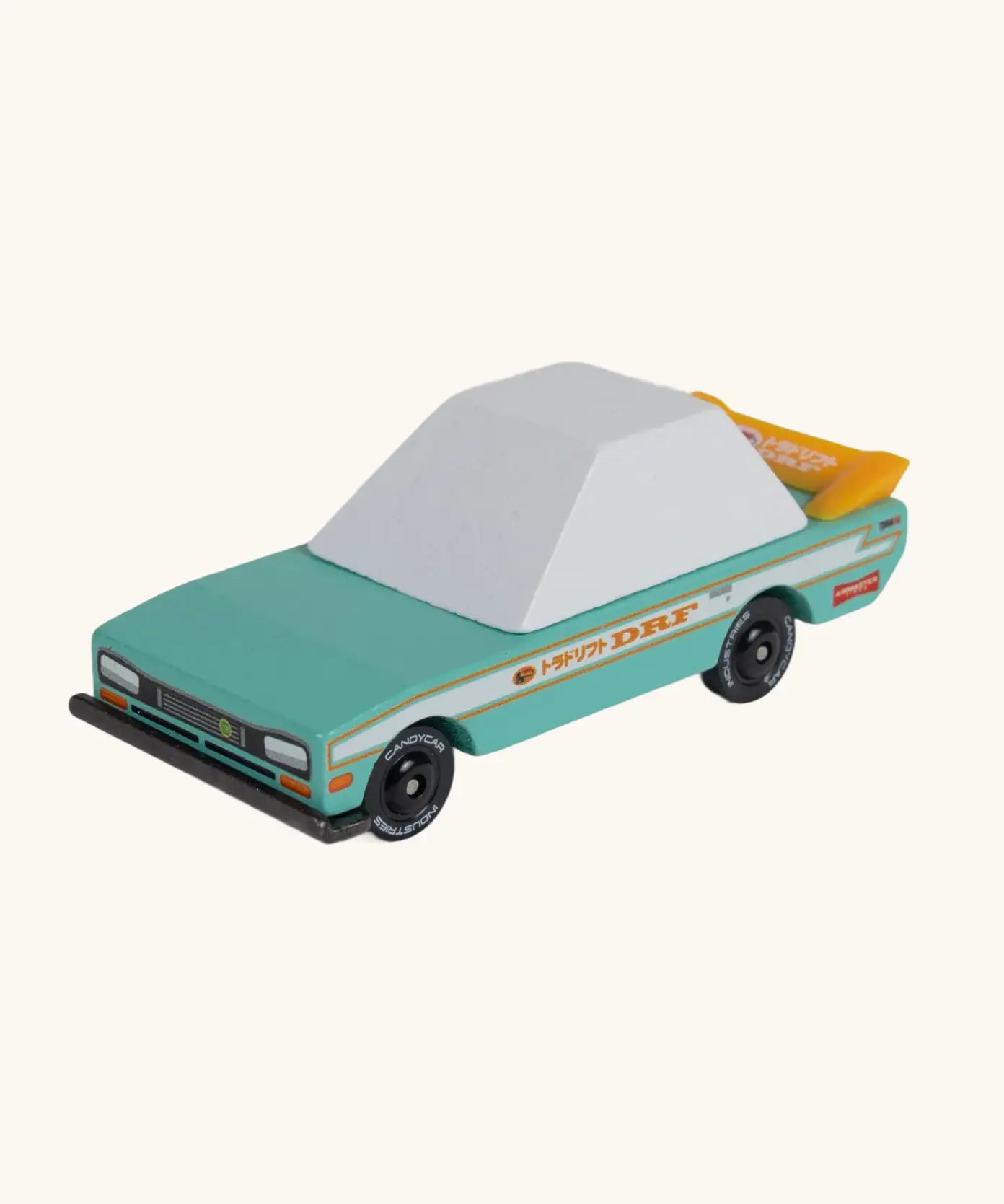 Candylab teal tora racer. A wooden diecast  toy car with a teal body, yellow spoiler and decals