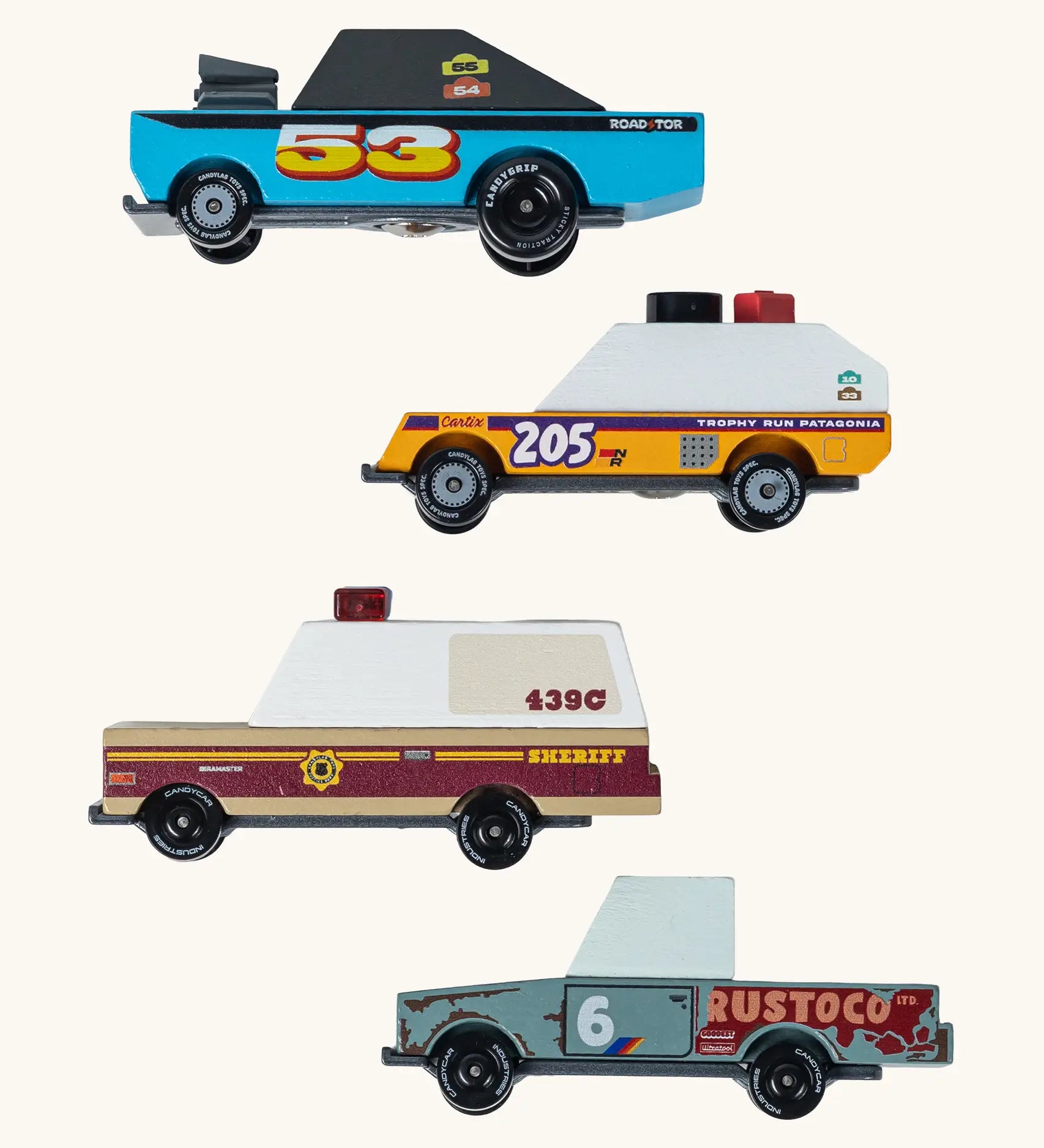 Candylab rust patrol toon cars. A 4 pack of sturdy wooden diecast cars with colourful designs